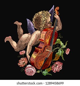 Cupid plays violin, little boy angel and roses flowers. Embroidery style. Love background. Happy Valentines Day art. Template for clothes, t-shirt design 