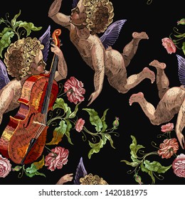 Cupid plays violin, little boy angel and roses flowers seamless pattern. Happy Valentines Day art. Template for clothes, t-shirt design. Embroidery style. Love background 