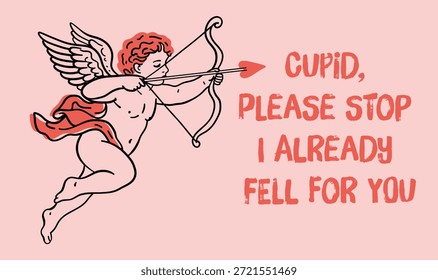 Cupid Please Stopp Funny Valentine Illustration Retro Love Quote Rosa handgezeichnete Cherub Engel mit Bogen sarkastisch Romantik Design für Valentine Card Poster Print Thirt Aufkleber Karte Love Letter Rot Schwarz