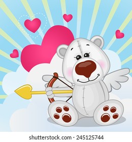 Cupid Polar Bear with a bow on a background of clouds and hearts 