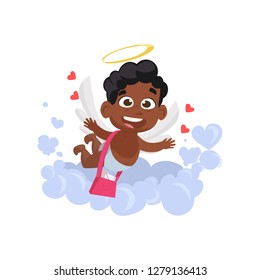  cupid with post pink bag illustration. Letters, love, angel. Saint Valentines Day concept. Vector illustration can be used for topics like romantic, love, celebration, greeting card