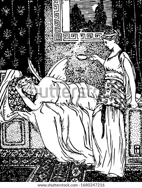 Cupid and Psyche, this scene shows cupid sleeping on bed and his soul mate standing near bed holding something in hand, vintage line drawing or engraving illustration