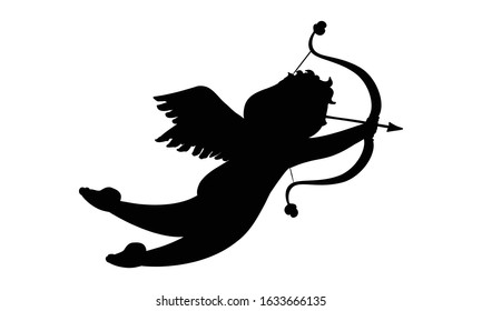 Cupid pulling bow and arrow of love black silhouette