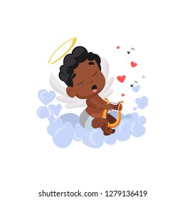  cupid with quimbard illustration. Arpa, angel, kid, music. Saint Valentines Day concept. Vector illustration can be used for topics like romantic, love, celebration, greeting card