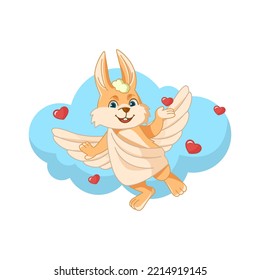 Cupid rabbit with a wings on a background of clouds