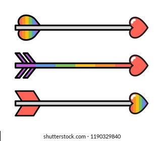 Cupid rainbow arrows set with heart shaped arrowheads. LGBT love symbol.