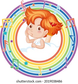 Cupid in rainbow round frame with melody symbol illustration