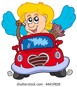 Cupid in red car - vector illustration.