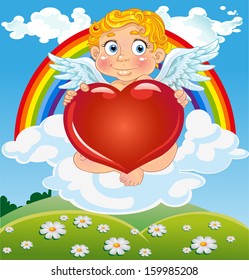 Cupid with red heart on cloud near rainbow