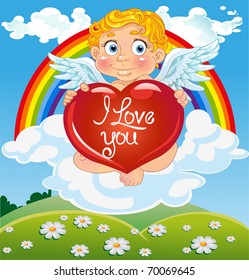 Cupid with red heart on cloud near rainbow