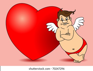 cupid in the red shorts is leaning back on a big red heart