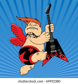 cupid with red wings playing the electric guitar