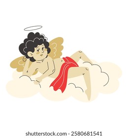 Cupid rests on a fluffy cloud, dreaming of love and spreading romance in the air, a charming illustration for Valentine's Day