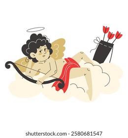 Cupid rests on a fluffy cloud, holding his bow and love arrows, ready to spread affection on Valentine's Day