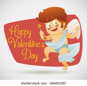 Cupid in retro cartoon style with arrow and long cloth for Valentine's Day.
