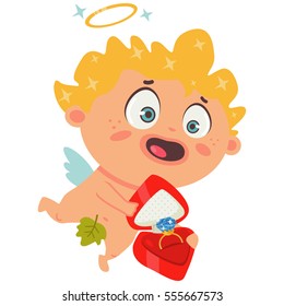 Cupid with a ring diamond engagement in box. The symbol of Valentine's Day. Cartoon vector illustration on a white background.