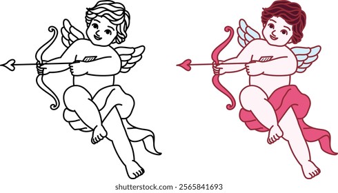 Cupid, the Roman god of love. Cupid is shown as a cherubic figure with wings, holding a bow and arrow. The arrow has a heart-shaped tip, symbolizing love and affection.