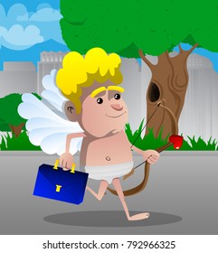 Cupid running to work, with briefcase and bow and arrow. Vector cartoon character illustration.