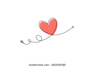 Cupid s arrow in the continuous drawing of lines in the form of a heart and the text love in a flat style. Continuous black line. Work flat design. Symbol of love and tenderness.