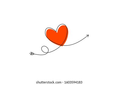 Cupid s arrow in the continuous drawing of lines in the form of a heart and the text love in a flat style. Continuous black line. Work flat design. Symbol of love and tenderness.