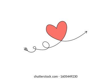 Cupid s arrow in the continuous drawing of lines in the form of a heart and the text love in a flat style. Continuous black line. Work flat design. Symbol of love and tenderness.