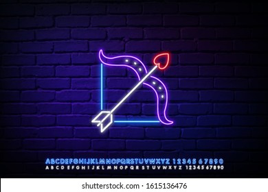 Cupid s arrow is a symbol of Valentine s day. Neon sign, bright banner, night whiteboard. Advertising for Valentine s Day, design template for invitations, greetings, ribbons. Vector illustration