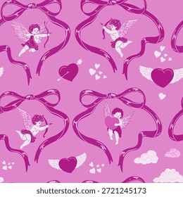 Cupido, padrão sem costura, conjunto de anjo, desenho à mão, ilustração vetorial