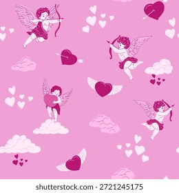 Cupido, padrão sem costura, conjunto de anjo, desenho à mão, ilustração vetorial
