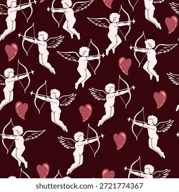 Padrão sem emenda do cupido para design de férias. Dia dos Namorados Papel de Parede Textura com Cupido e Corações. Projeto de modelo de amor para têxteis, tecido, impressão, banner, Web, mídias sociais. Ilustração de vetor