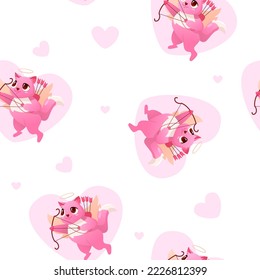 Cupid Сat Seamless Pattern on a White Background. Funny Amur. Heart Hunter. Valentine's day. Vector cartoon for wedding, children's clothing, packaging and other holidays.