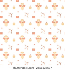 Cupid seamless pattern on white background, pastel cupid pattern, angel with bow print, envelope, love pattern