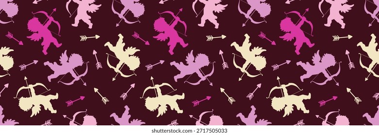Patrón sin fisuras de Cupido con ángeles rosados y flechas sobre fondo de vino oscuro para el día de San Valentín Fondo de pantalla de novia romántico Tela de lujo Textil Papel de embalaje