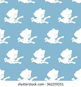 Cupid seamless pattern. White Angel on blue background. Texture for Valentines day holiday. Ornament silhouette merry little angels with bow