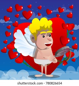 Cupid searching with magnifying glass, with bow and arrow in the other hand. Vector cartoon character illustration.