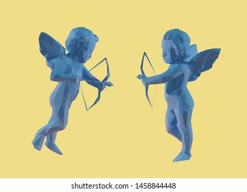 Cupid. Set of Blue Cupidon on Yellow Background. Low Poly Vector 3D Rendering