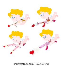 Cupid set. Cupids with bow and arrow of love and gun. Automatic pistol for hunting on 14 February. Funny cute Angel. Little Holy child with wings.
