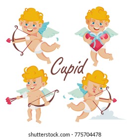 Cupid Set Vector. Cupids Bow. Cupid In Different Poses. Happy Valentine's Day. Element For Graphic Design. Isolated Flat Cartoon Character Illustration