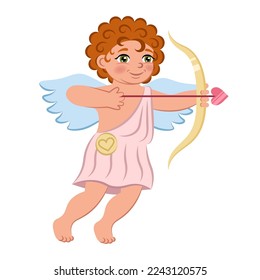 Cupid shooting an arrow vector illustration. Cute cupid boy with curly red hair. Little angel kid holding a bow. Flying cupid.