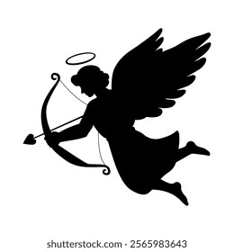 Cupid shooting arrows in a heart. Valentine's Day. Symbol of love, romance. Silhouette of cherub angel with wings. Vector illustration on isolated background