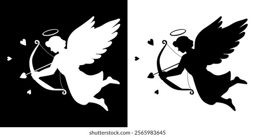 Cupid shooting arrows into your heart. Cupid icon in black and white Valentine's Day. Symbol of love, romance. Silhouette of cherub angel with wings. Vector illustration on isolated background