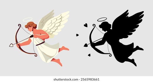 Cupid shooting arrows into your heart. Cupid icons in colour and silhouette Valentine's Day. Symbol of love, romance. Silhouette of cherub angel with wings. Vector illustration on isolated background