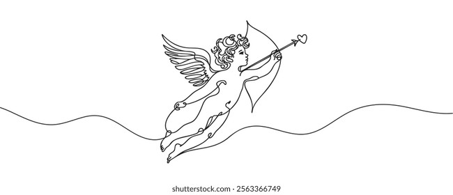 Cupid shooting arrows of love drawn in one line style. vector illustration.