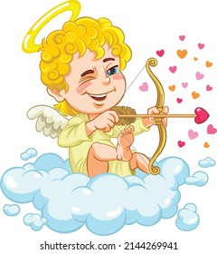Cupid Shooting With Bow. 
Vector illustration of a cartoon Baby angel Flying In Sky And Shooting With Bow.