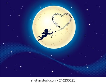 Cupid shooting hearts at moonlight