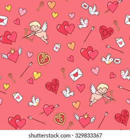 Cupid shooting at hearts on a pink background. Seamless pattern for Valentine's day