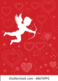 Cupid shooting valentine hearts floating on a red background