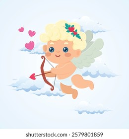 Cupid shoots an arrow cartoon cute on blue sky nature background illustration design