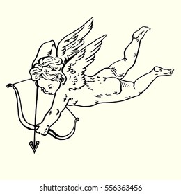 Cupid shoots arrows from his bow, hand drawn doodle, sketch in pop art style, vector