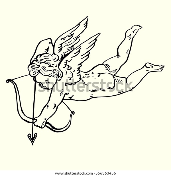 Cupid shoots arrows from his bow, hand\
drawn doodle, sketch in pop art style,\
vector