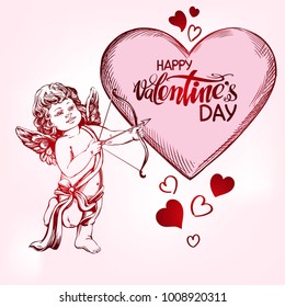  Cupid shoots a bow with an arrow at the heart, love, Valentine s day, greeting card hand drawn vector illustration realistic sketch